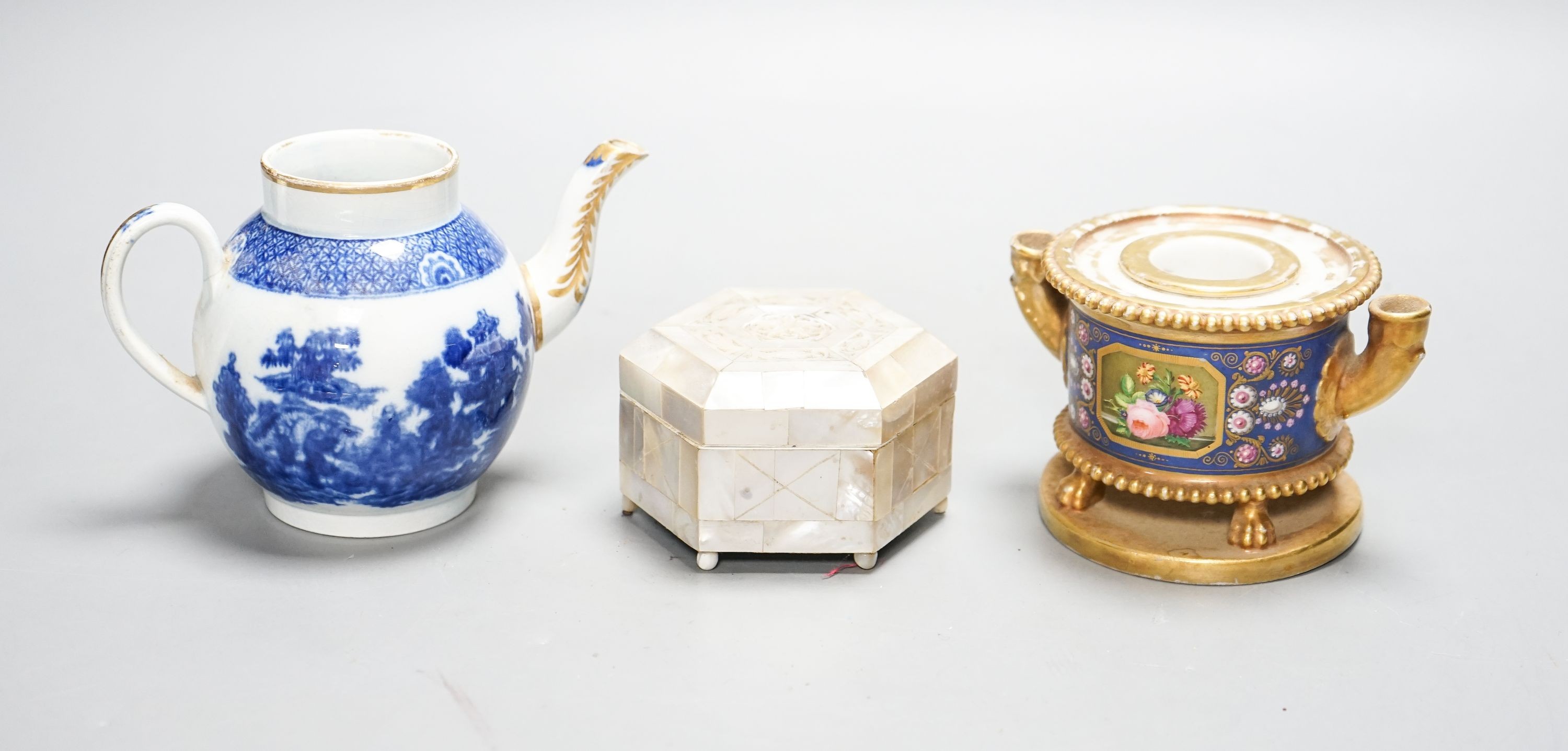 A Schoelcher Paris porcelain inkwell on stand, an 18th blue and white miniature teapot and a hexagonal mother of pearl lidded box (3)